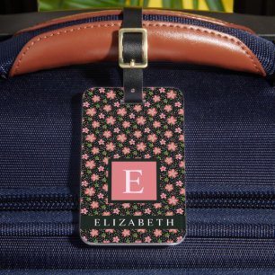 Customisable Black Dot Floral Pink Flowers Luggage Tag