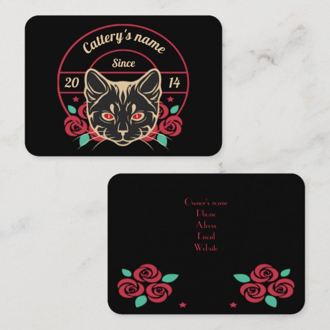 Customisable Black Floral Cattery  Business Card (Front/Back)