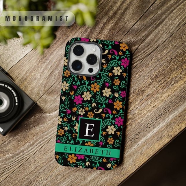 Customisable Black Floral Pink Green Flowers iPhone Case (Customizable Black Floral Pink Green Flowers iPhone Case)