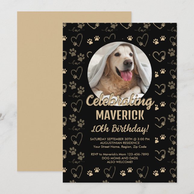 Customisable Black Gold Dog Birthday Party Invitation (Front/Back)