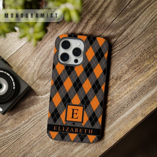 Customisable Black Grey Orange Argyle Pattern iPhone 15 Pro Max Case