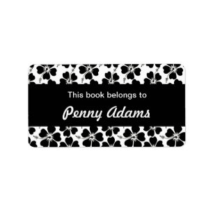 Customisable Black Hibiscus on White Bookplate Label