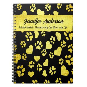 Customisable Black Notebook with Golden Paw Prints