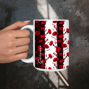 Customisable Black Red Floral Carnation Stripes Coffee Mug