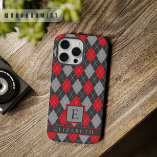 Customisable Black Red Grey Colour Argyle iPhone 15 Pro Max Case