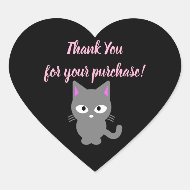 Customisable black Thank You sticker with grey cat (Front)