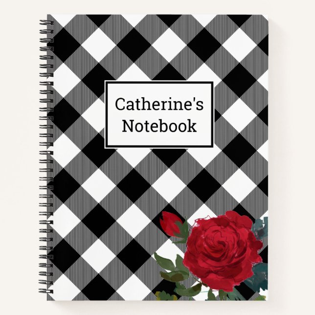 Customisable Black & White Buffalo Plaid Red Rose Notebook (Front)