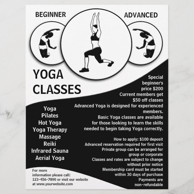 Customisable black white yoga class flyers (Front)
