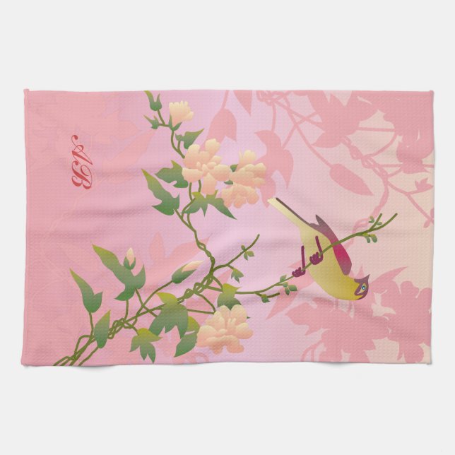 Customisable: Blossoms and bird Tea Towel (Horizontal)