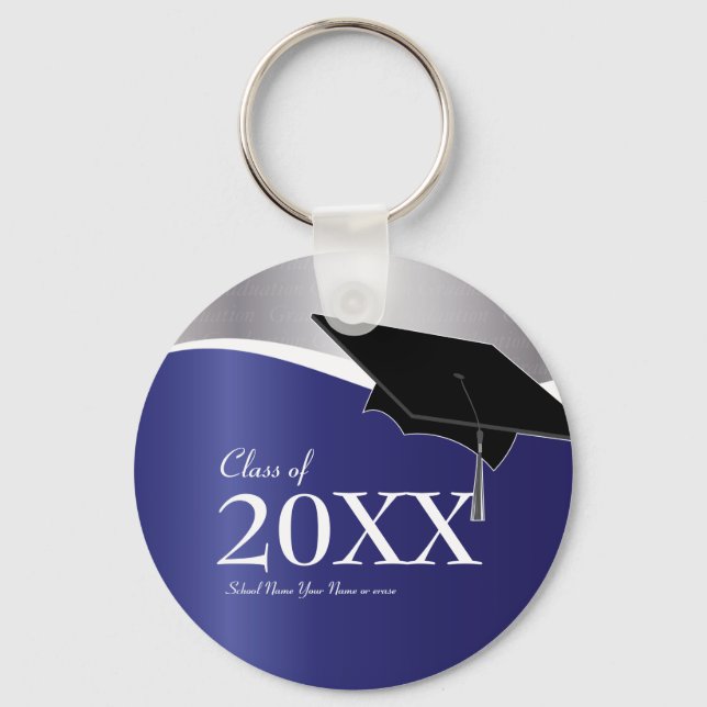 Customisable Blue and Silver Graduation Keychain (Front)