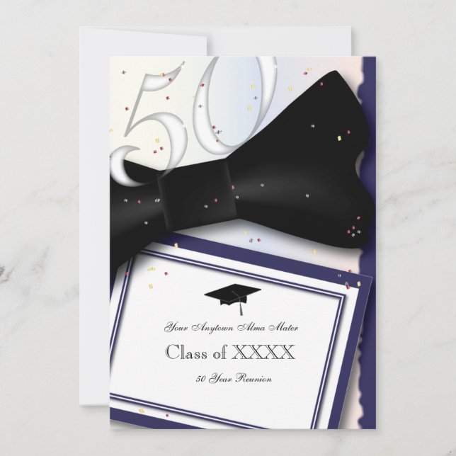 Customisable Blue and White 50 Year Class Reunion Invitation (Front)