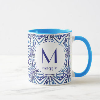 Customisable Blue and White Geometric Pattern Mug