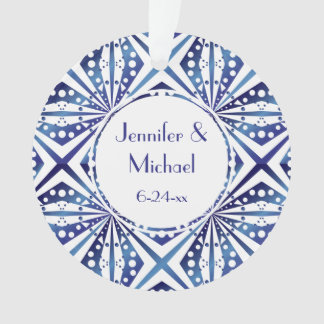 Customisable Blue and White Geometric Pattern Ornament