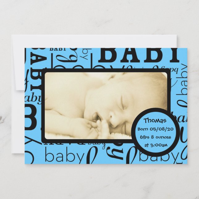 Customisable blue baby photo announcement cards (Front)