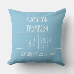 Customisable Blue Birth Stats Baby Nursery Pillow