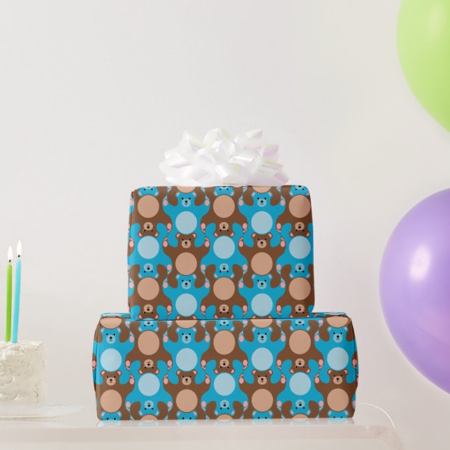 Customisable Blue Brown Teddy Bear Tesselation Wrapping Paper (Party Gifts)