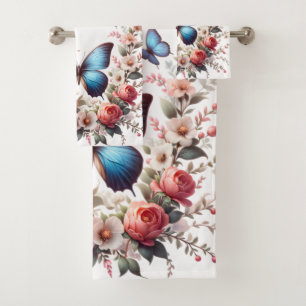 Customisable Blue Butterfly Floral Art-96279 Bath Towel Set