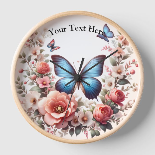 Customisable Blue Butterfly Floral Art-96279 Clock (Front)