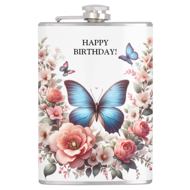 Customisable Blue Butterfly Floral Art-96279 Hip Flask (Front)