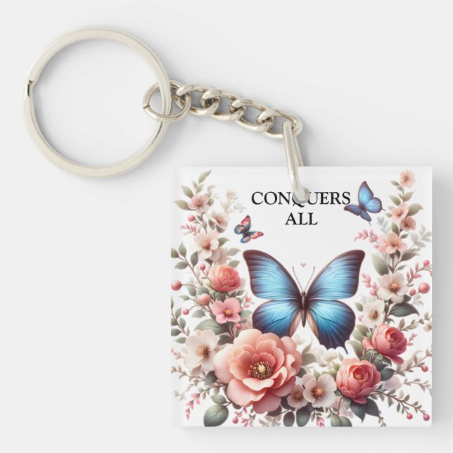 Customisable Blue Butterfly Floral Art-96279 Key Ring (Front)