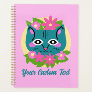 Customisable Blue Cat with Pink Flowers Planner