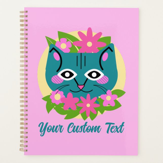 Customisable Blue Cat with Pink Flowers Planner (Front)