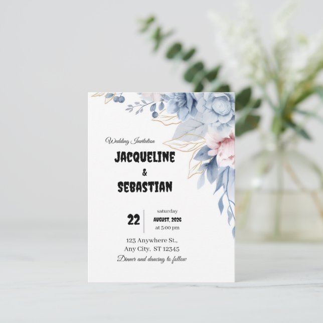 Customisable Blue Floral Wedding Invitation (Standing Front)