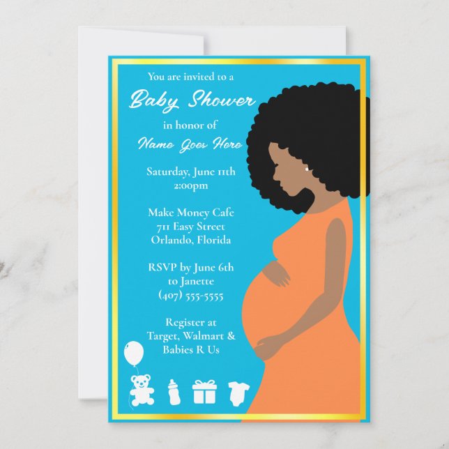 Customisable Blue Gold | Pregnant Downloadable Invitation (Front)