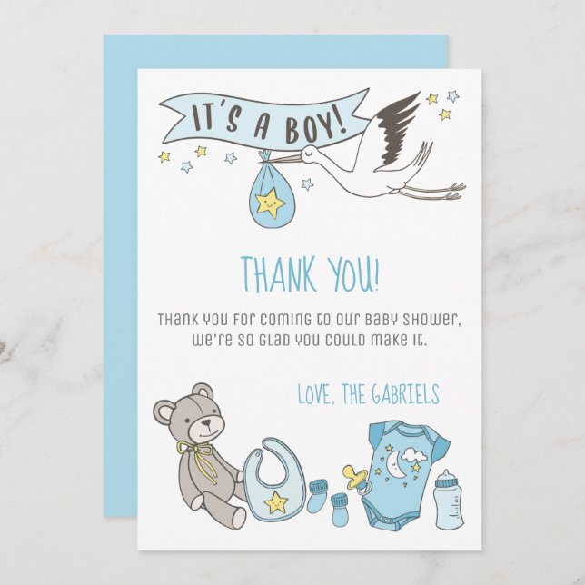 Customisable Blue It's a Bo Baby Shower Thank You Card (Front/Back)