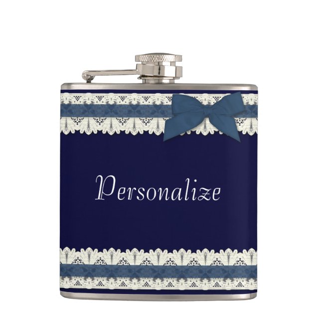 Customisable blue lace ribbon bow flask (Front)