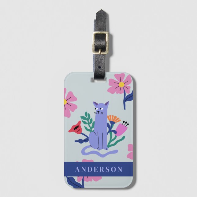 Customisable Blue Russian Cat & Matisse Flowers Luggage Tag (Front Vertical)