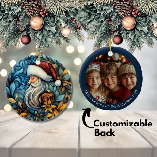 Customisable Blue Vintage Santa Christmas Ceramic Ornament