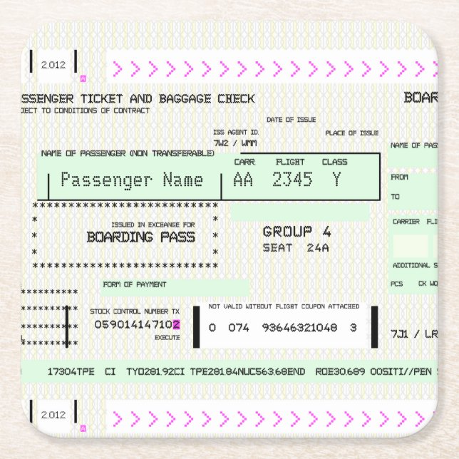 Customisable Boarding Pass Square Paper Coaster (Front)