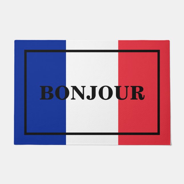 CUSTOMISABLE BONJOUR text design on FRANCE flag Doormat (Front)