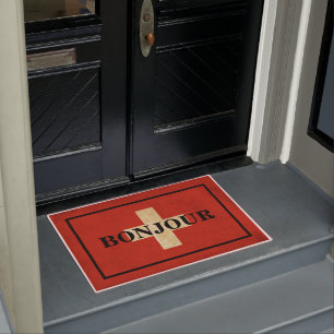 CUSTOMISABLE BONJOUR text on SWITZERLAND flag Doormat