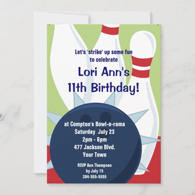 Customisable Bowling Birthday Party Invitation (Front)