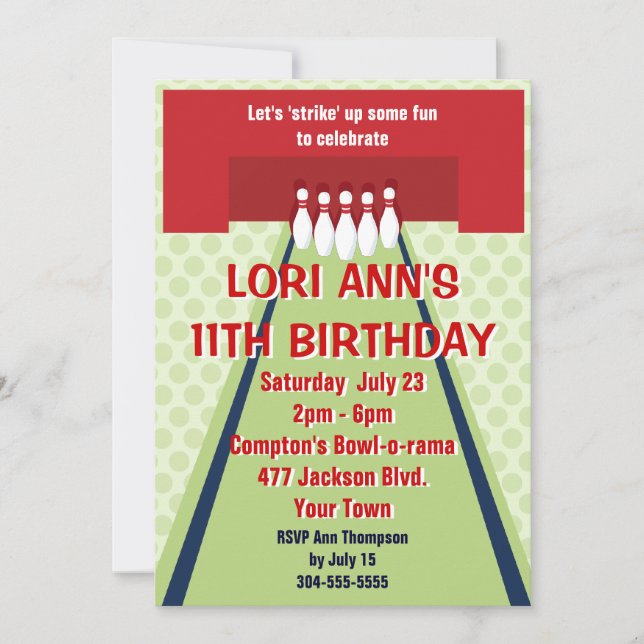 Customisable Bowling Birthday Party Invitation (Front)