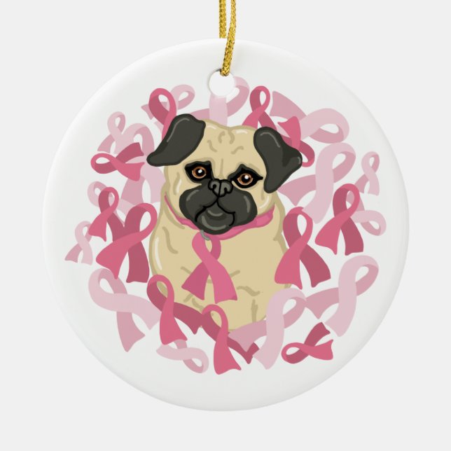 Customisable Breast Cancer Awareness Pug Ceramic Tree Decoration (Front)