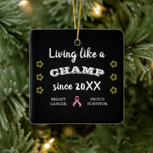Customisable Breast Cancer Survivor yellow stars Ceramic Ornament