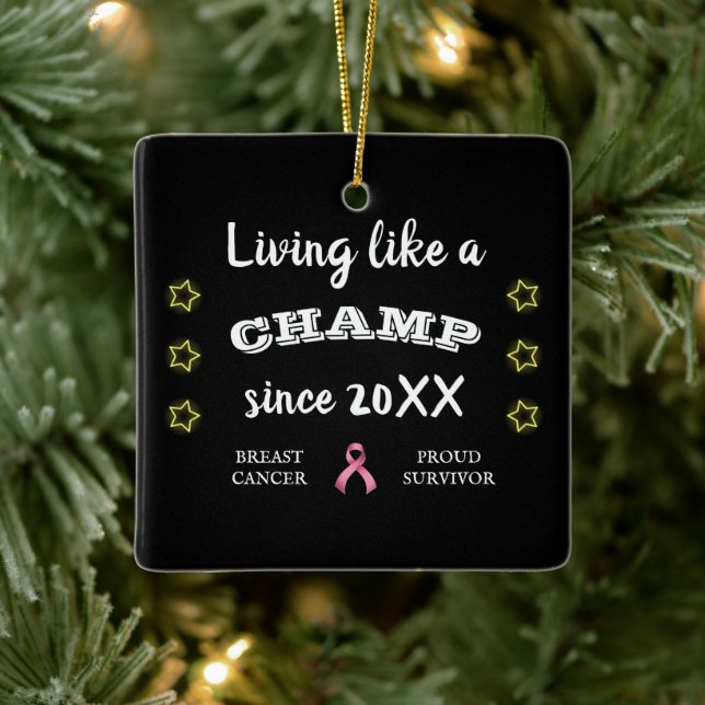 Customisable Breast Cancer Survivor yellow stars Ceramic Ornament (Tree)