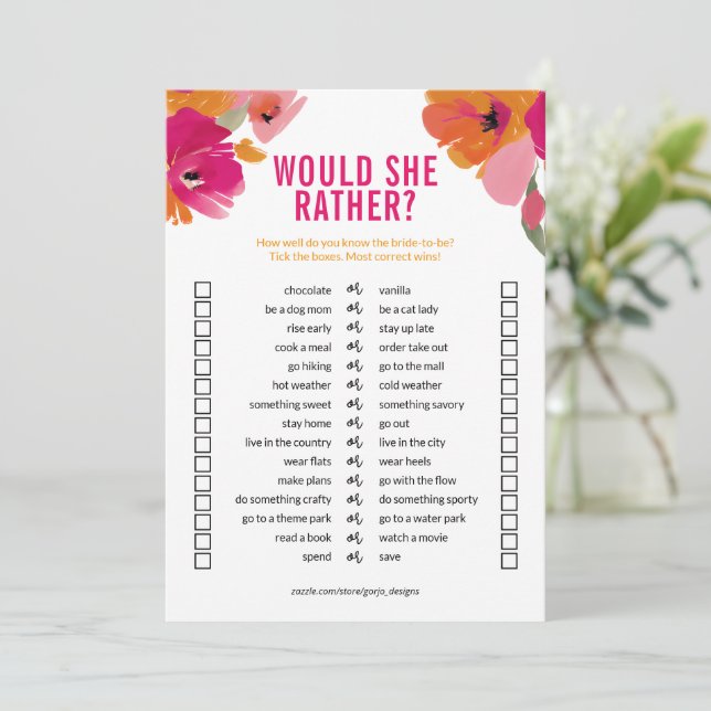 Customisable Bridal Shower Game 'Would She Rather' Invitation (Standing Front)