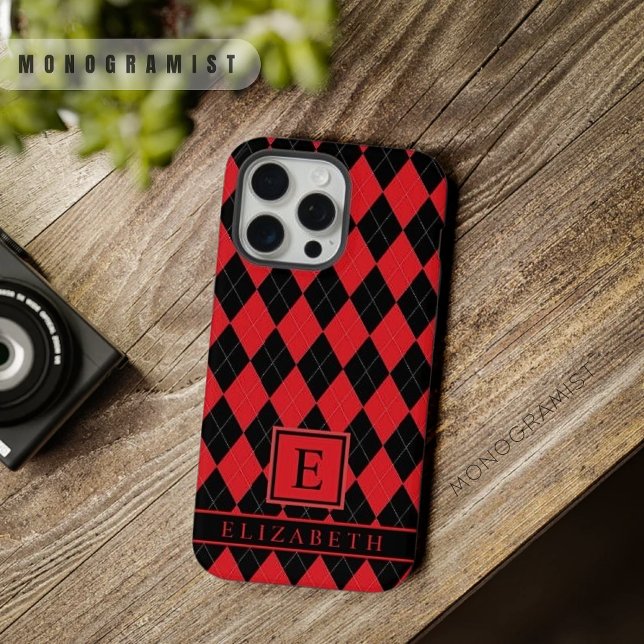 Customisable Bright Red Pink Black Argyle Pattern iPhone Case (Customizable Bright Red Pink Black Argyle Pattern iPhone Case)