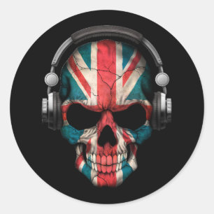Customisable British Dj Skull with Headphones Classic Round Sticker