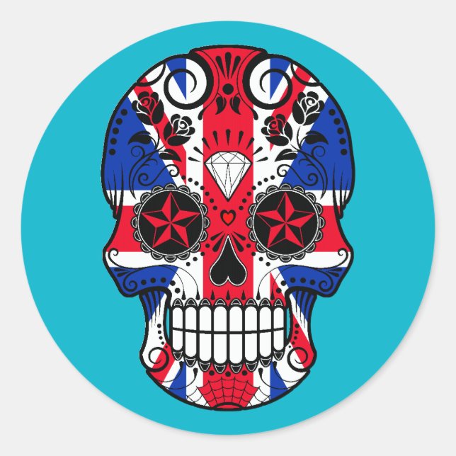 Customisable British Flag Sugar Skull with Roses Classic Round Sticker (Front)