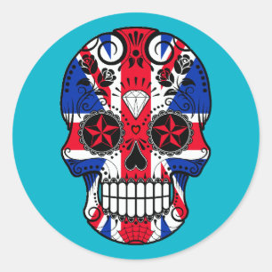 Customisable British Flag Sugar Skull with Roses Classic Round Sticker