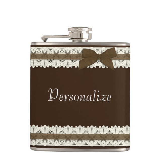 Customisable brown lace ribbon bow flask (Front)