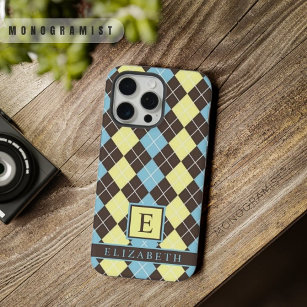 Customisable Brown Yellow Blue Argyle Pattern iPhone 15 Pro Max Case