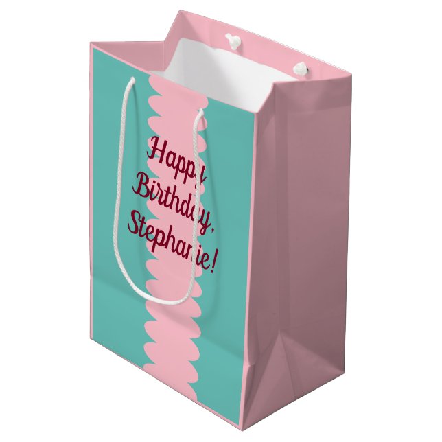 Customisable, bubblegum pink, teal, pretty medium gift bag (Front Angled)