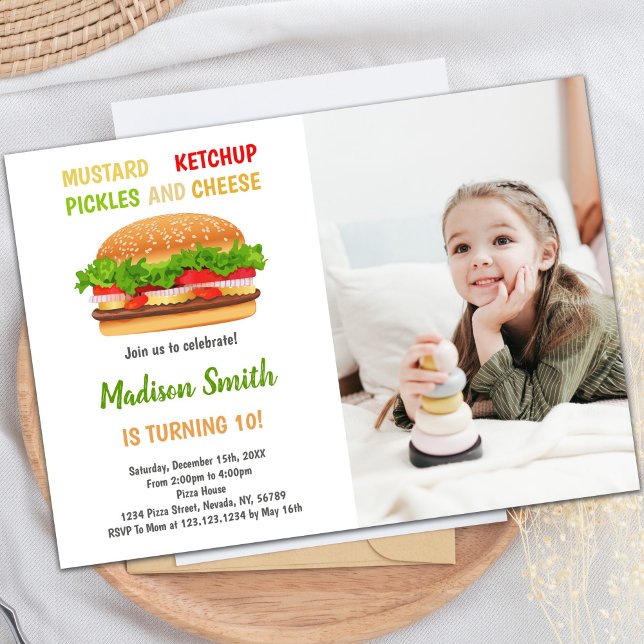 Customisable Burger Party Invitations for Kids (Burger Birthday Invitations with photo)
