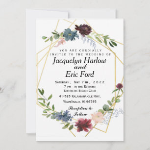 Customisable Burgundy Baby Blue Flower Wedding Invitation